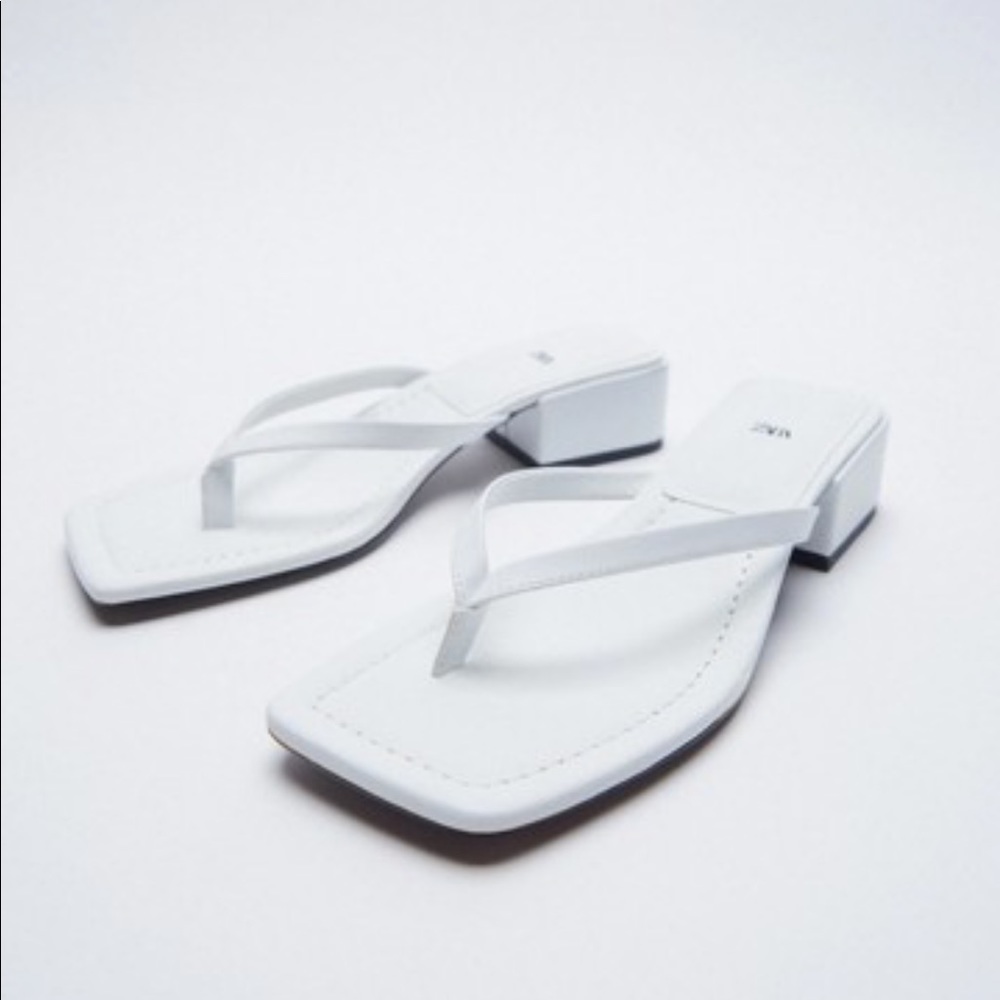 Zara Square Toe Heeled Sandals | White | 37 or 6.5